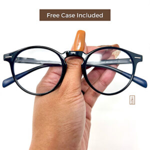 A person holding up a pair of Blue Light Blocking Photochromic Glasses Round Circle Lenses - Black & Blue glasses with the words free case included.