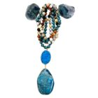 A Multi Stone 108 Mala Gemstone Bead Necklace with Pendant with a blue stone and other multi-colored stones.