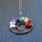 A vibrant 7 Chakra Tree of Life Pendant featuring a Tree of Life design adorned with colorful chakra stones.