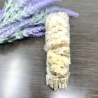 A 4" California White Sage Smudge Stick adorned with white Sinuata flowers.