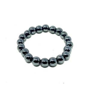 A Large Hematite Gemstone Bead Bracelet on a white background, featuring gemstone beads made of hematite.