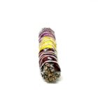 A 4" California White Sage Smudge Stick with 7 Chakra Colored on a white background.