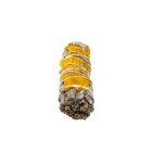 4" California White Sage Smudge with Sun Flower Petals on a white background.