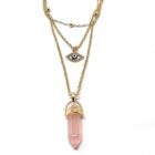 This Rose Quartz with Eye Charm Natural Stone Necklace features an evil eye pendant and a natural rose quartz stone.