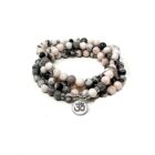 A pink and gray bracelet with a Pink Zebra Stone 108 Mala Gemstone Bead Necklace | Gift | Gift for Women| Gift for Her| Layered Necklace| Healing Necklace charm.