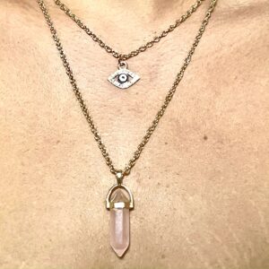 A woman wearing a Rose Quartz with Eye Charm Natural Stone Necklace, Choker Necklace, Gift for Her.