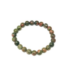 A Unakite Gemstone Bracelet with green and red Unakite beads measuring 8mm.