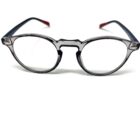 A pair of Blue Light Blocking Photochromic Glasses Round Circle Lenses - Grey/ Blue/Red on a white background.