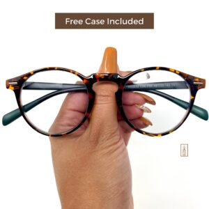 A person holding a pair of Blue Light Blocking Photochromic Glasses Round Circle Lenses - Leopard, Black, Green Transitions with a free case included.