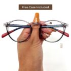 A hand holding a pair of Blue Light Blocking Photochromic Glasses Round Circle Lenses - Grey/ Blue/Red with free case included.