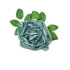 A blue rose with green leaves on a white background.